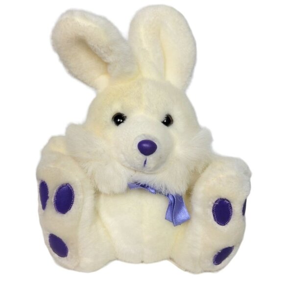 Prettique Designs Cream Easter Bunny Rabbit Purple Bow Stuffed Animal 9.75" - Picture 1 of 6